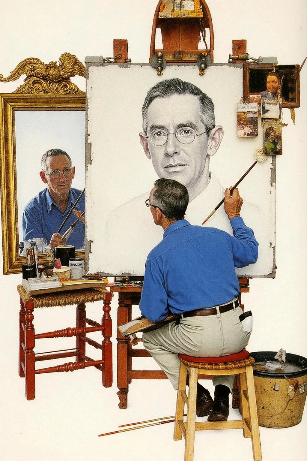 normanrockwell1 painting.
A man is shown working in an artist's studio. He is an older man with short, graying hair, seated on a small wooden stool. He is dressed in a bright blue long-sleeved shirt and light grey trousers, with a white apron tied around his waist. He holds a paintbrush in his right hand, poised over a large, partially finished portrait on an easel. He is painting a self-portrait and is looking at himself in the mirror behind the easel. He wears a pair of glasses. <lora:normanrockwell1_cap_d6a3e12:1.0><lora:841704060043143426:0>