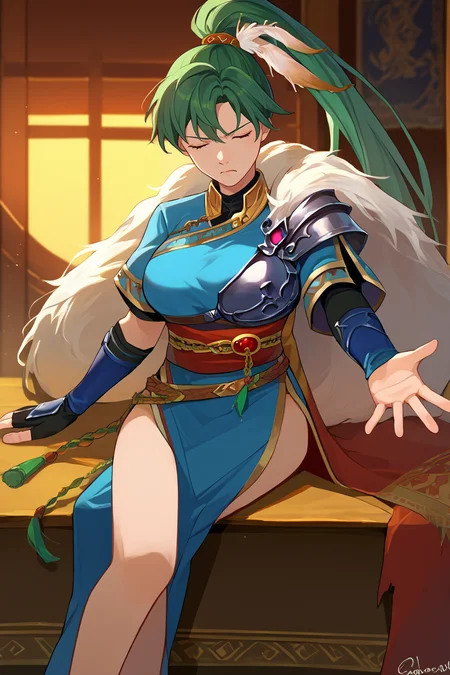 score_9, score_8_up, score_7_up, score_6_up, source_anime BREAK 1girl, solo <lora:lyn-pdxl-nvwls-v1-000005:1> lgdLyn, green hair, high ponytail, feather hair ornament, armor, blue dress, short sleeves, white feather boa, sash, side slit, gauntlets, big breasts, outstretched hand, serious, wincing, torn clothes, plains, sitting