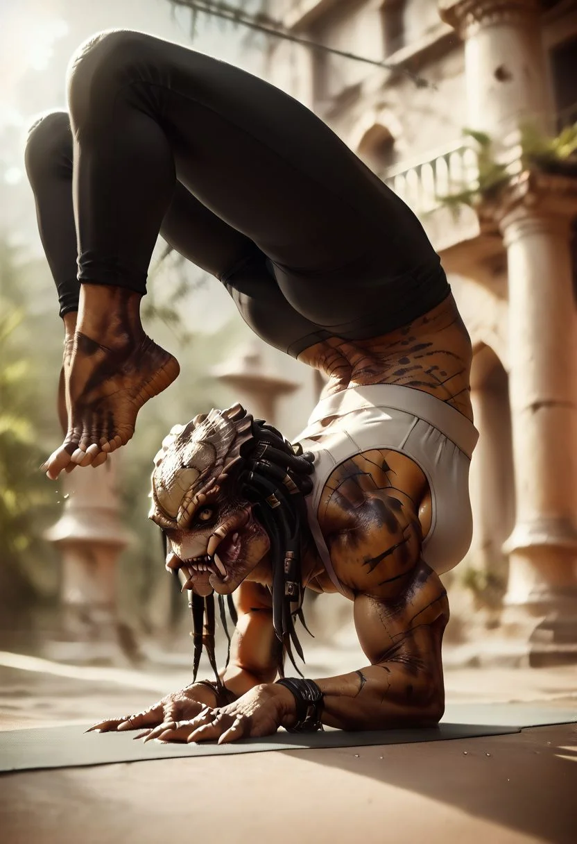 1girl, long hair, dreadlocks, muscular female, colored skin with spots, brown skin, fishnets, mandibles, teeth, tongue, huge breasts, yoga pants, crop top, view from above, wrist blade, dynamic angle, exercising, vrischikasana pose,
ruins, blurry background, score_9, score_8_up, score_8, source_anime, Painstaking Attention To Details, d3t41l3d, 1dk, Expressiveh