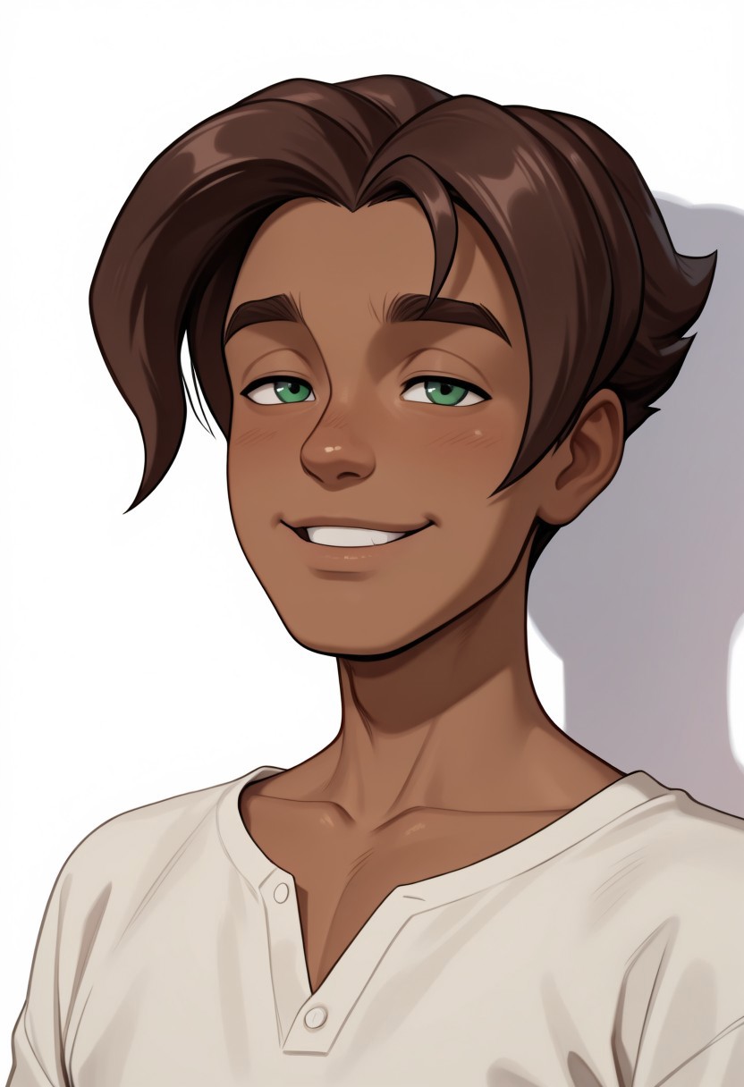 masterpiece, absurdres, high quality, perfect anatomy, 1boy, solo, cute boy, male focus, Presley, Dark Skin, Brown Hair, Green Eyes, collarbone, smug smile, parted lips, intricately detailed illustration, masterpiece, best quality, amazing quality, very aesthetic, absurdres, newest, very awa,  shadow, portrait, simple background,