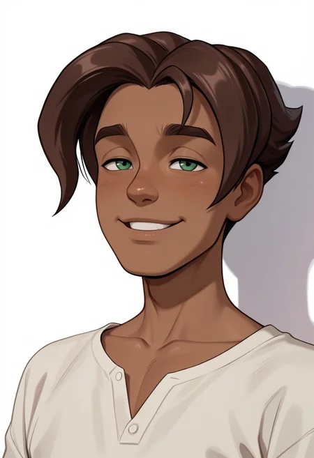 masterpiece, absurdres, high quality, perfect anatomy, 1boy, solo, cute boy, male focus, Presley, Dark Skin, Brown Hair, Green Eyes, collarbone, smug smile, parted lips, intricately detailed illustration, masterpiece, best quality, amazing quality, very aesthetic, absurdres, newest, very awa,  shadow, portrait, simple background,