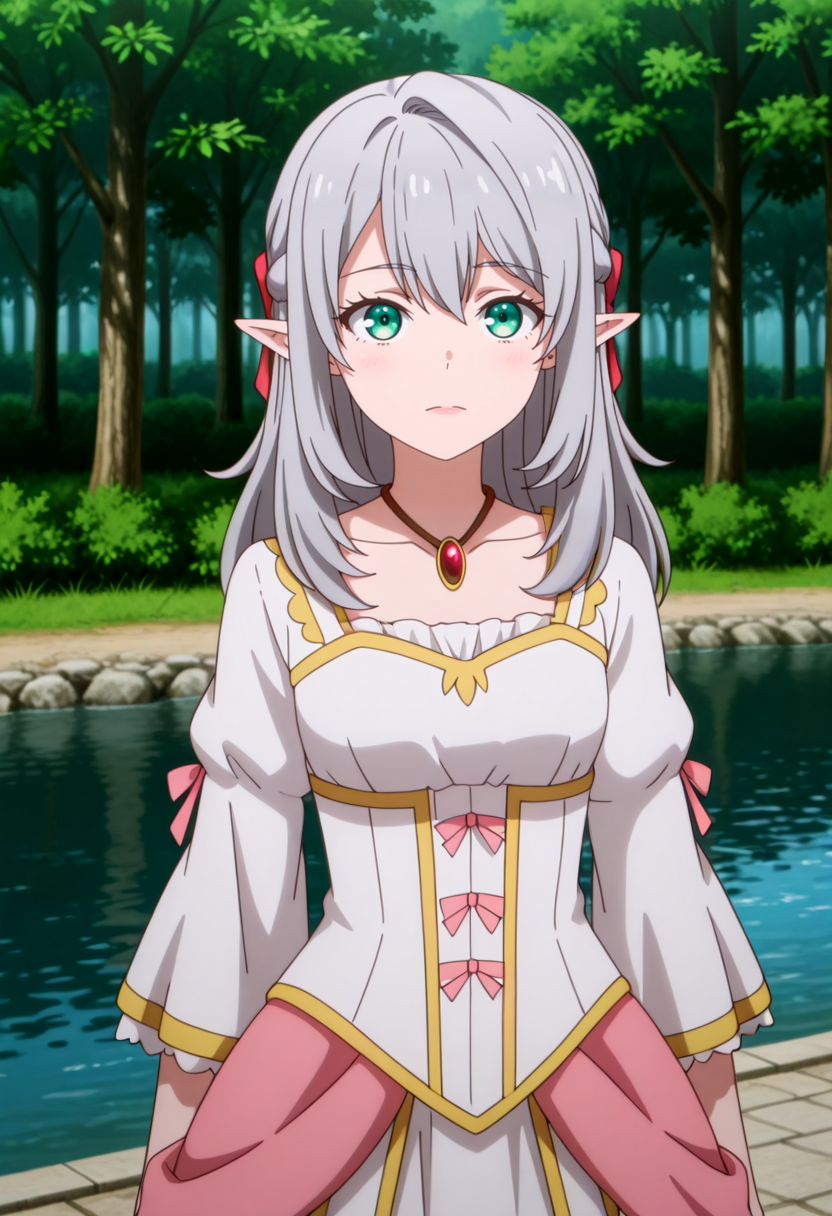 masterpiece,high quality,highres,absurdres,(,,,<lora:Young Tessia_IL:0.8>,,,,Young Tessia,1girl,gray hair,pointed ears,elf,green eyes,,<lora:empress_outfit1:0.8>,,empress_outfit1,masterpiece,best quality,ultra-detailed,(pure white dress:1.3),(gold embroidery:1.2),(pink ribbon accents:1.1),corset-style bodice,lace-up detail,puffed sleeves with gold trim,multi-layered skirt with ruffled hem,soft glowing fabric,volumetric lighting,intricate textures,(high-resolution:1.2),dynamic shading ),forest, river, exposed nick, exposed collarbone,