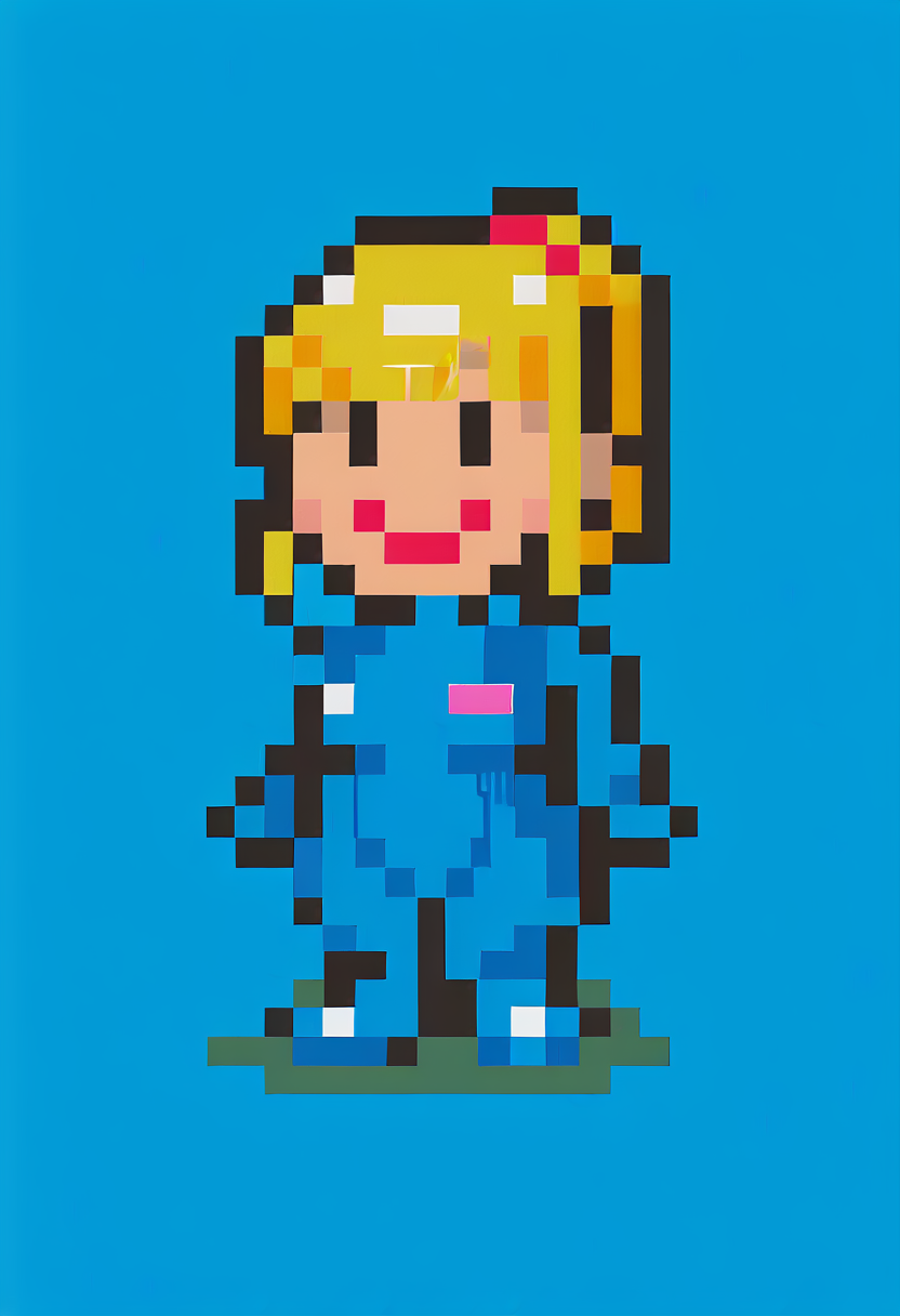 score_9, score_8_up, score_7_up, source_anime, 1girl, smile, closed mouth, <lora:EarthboundSpriteStyle-pdxl:1> pixel art, full body, standing, chibi, looking at viewer, blue background, samus aran, bodysuit, ponytail