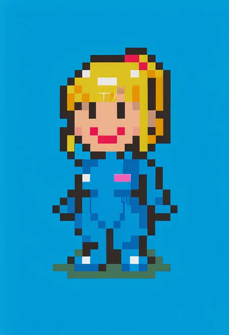 score_9, score_8_up, score_7_up, source_anime, 1girl, smile, closed mouth, <lora:EarthboundSpriteStyle-pdxl:1> pixel art, full body, standing, chibi, looking at viewer, blue background, samus aran, bodysuit, ponytail