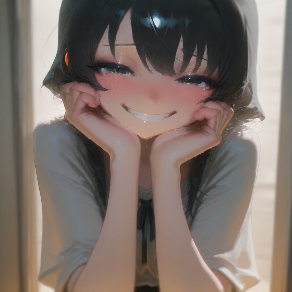 masterpiece, best quality, 1girl, solo, long hair, blush, smile, happy, tear, crying, black hair