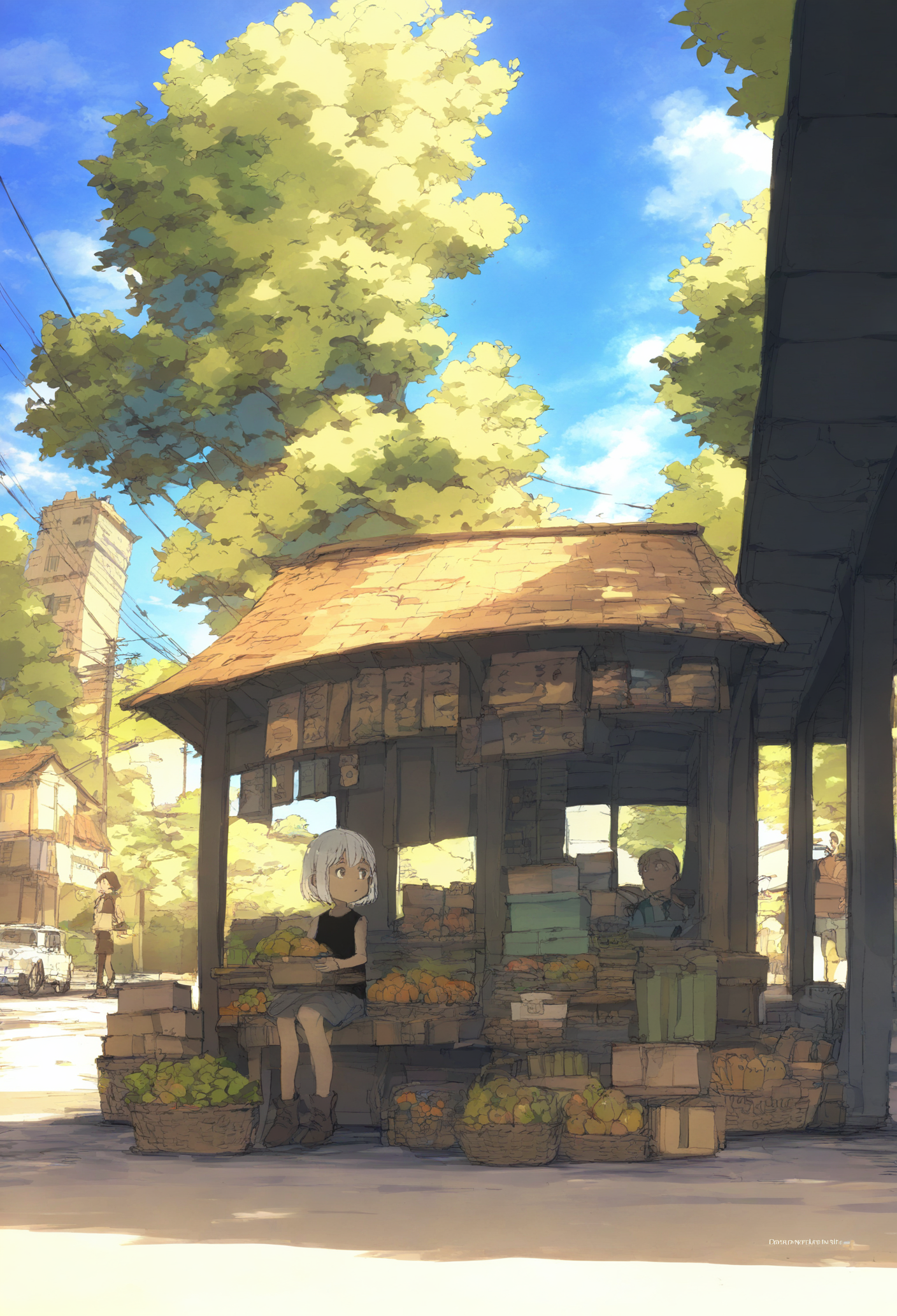 outdoors, sky, sitting, scenery, day, cloud, 1boy, power lines, 1girl, tree, short hair, box, building, white hair, motor vehicle, food, blue sky, basket 
,masterpiece,best quality,very aesthetic,absurdres,
<lora:åºæ°´fornoob:0.95>