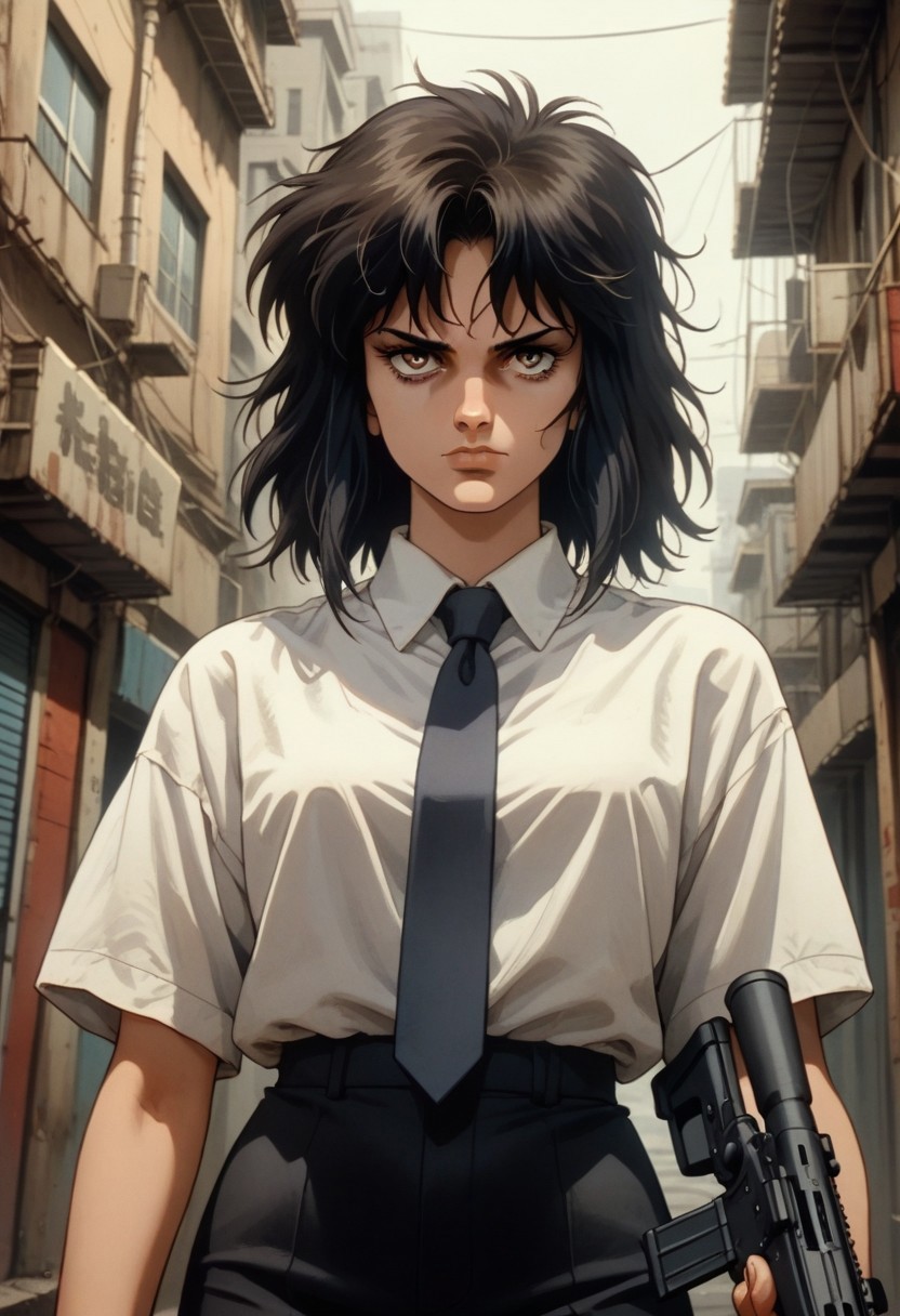 score_9, score_8_up, score_7_up, source_anime, 
1girl, solo, 
medium hair, black hair, messy hair, 
expressionless, (empty eyes:0.7), (smirk:0.7), (smug:0.80), 
business suit, necktie, white shirt, 
outdoors, streets, 
cowboy shot, dutch angle, untucked shirt,
retro, ghostintheshellstyle,
ho1ding-weap0n, holding rifle