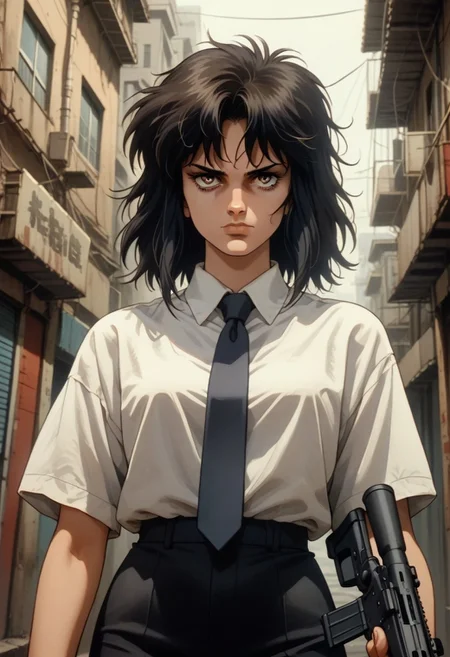 score_9, score_8_up, score_7_up, source_anime,
1girl, solo,
medium hair, black hair, messy hair,
expressionless, (empty eyes:0.7), (smirk:0.7), (smug:0.80),
business suit, necktie, white shirt,
outdoors, streets,
cowboy shot, dutch angle, untucked shirt,
retro, ghostintheshellstyle,
ho1ding-weap0n, holding rifle
