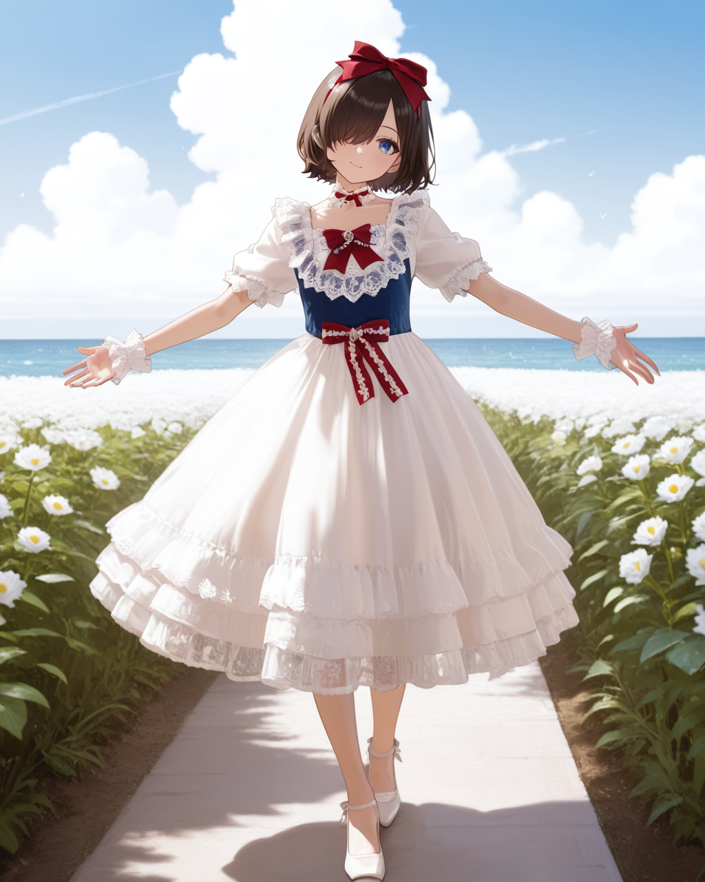 Positive: Masterpiece, best quality, amazing quality, very aesthetic, high resolution, ultra-detailed, absurdres,
1girl, solo, 
brown hair,short hair,blue eyes,
hair over one eye,
blue top white skirt red accented lace bow dress,
blue vest,white dress,red bow,puffy short sleeves,frilled dress,lace trim,apron,wrist cuffs,choker,lace,frills,
hair bow,
white pumps with bow,
full_body,walking, arms extended horizontally at shoulder height with relaxed palms, slight upward head tilt gazing diagonally,
outdoors, blue_sky,white cloud,flowers sea，