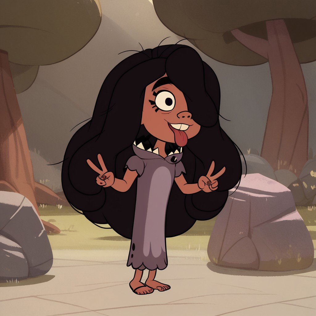 score_9, score_8, score_7, break, lerk_dotc, dark-skinned female, black hair, long hair, hair over one eye, dress, tongue, v, cute, tree, rocks