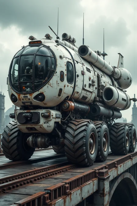 A futuristic battle bus, streamlined, black glass, antennae, scratched and damaged steel panels and huge wheels, off road tires, intakes, vents, motors, complex and intricate machinery, missile battery, turbines, jet engines, exhaust glow, crossing an arched stone bridge, stormy sky, steel buildings, factories, morning light, distant mountains futurist-curve space, feedback,