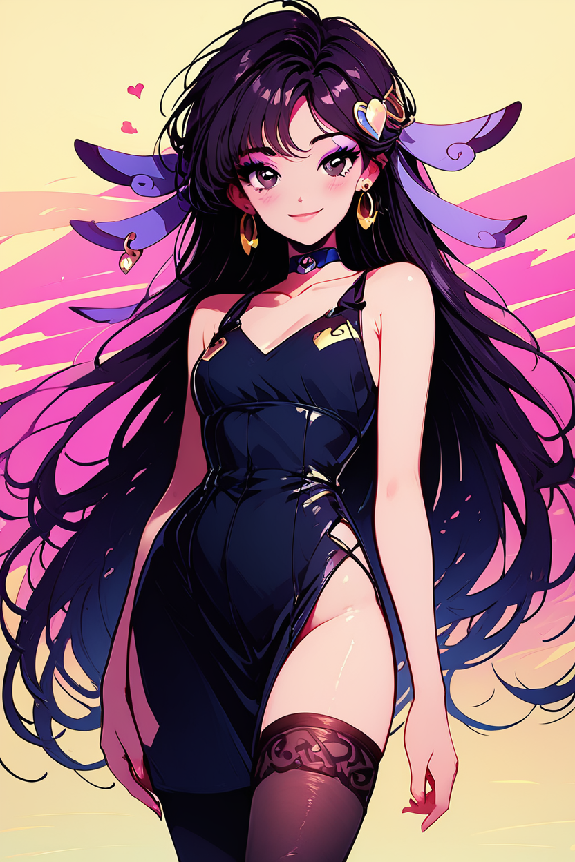 score_9, score_8_up, score_8, medium breasts, (curvy), cute, eyelashes,        BREAK,  zzValerie, long hair, black hair, black eyes, parted bangs, eyeshadow, hair ornament,  black pantyhose, choker,   BREAK,  <lora:ValeriePokemonPDXL:0.8>,   looking at viewer, blush, smile, bangs, dress, bare shoulders, jewelry, medium breasts, very long hair, closed mouth, standing, cowboy shot, earrings, sleeveless, black dress, bare legs, sleeveless dress, side slit, hoop earrings, text, text in background,  embedding:zPDXL, Expressiveh,   <lora:80sPopPDXL:1>,  <lora:Expressive_H-000001:0.40>,