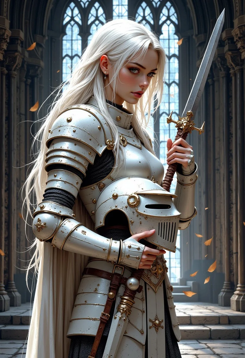 masterpiece, RPG Style, mythp0rt, hyperrealistic oil painting, side portrait of female knight in white armour, standing in centre of gothic cathedral, holding her helmet with both hands, long white hair, bangs, sidelocks,