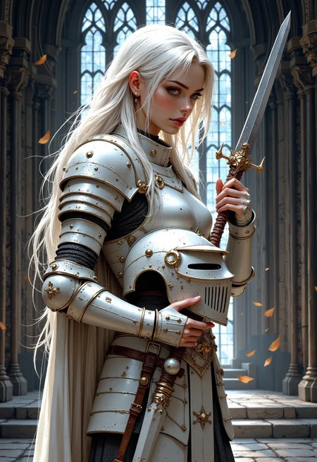 masterpiece, RPG Style, mythp0rt, hyperrealistic oil painting, side portrait of female knight in white armour, standing in centre of gothic cathedral, holding her helmet with both hands, long white hair, bangs, sidelocks,