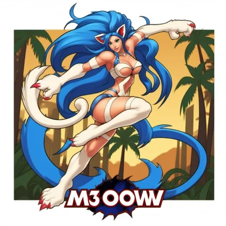 Fighting game style a woman with big hair, animal ears, tail, animal hands, large breast, dark blue long hair, claws, (((text ''M3OW''))), (((text ''CIVITAI''))), beach jungle <lora:Felicia1024_r2:0.8> . Dynamic, vibrant, action-packed, detailed character design, reminiscent of fighting video games