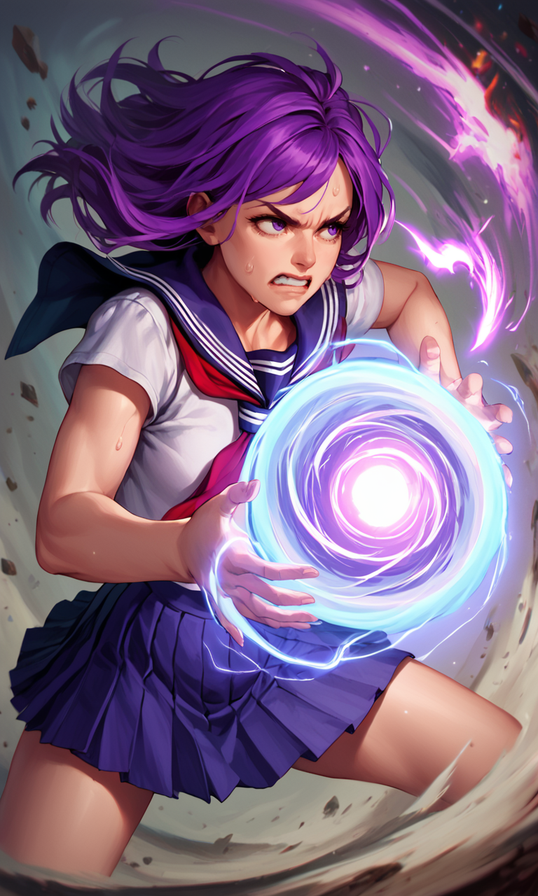 score_9_up, score_8_up, score_7_up BREAK,  <lora:Hadouken:1> <lora:Balak_Style:0.7> Hadouken, kikoken, ((long purple hair)), fireball, energy ball, charging, woman, sweating, martial arts, school uniform, clenched teeth, fighting, energy, shockwave, colorful, action shot
