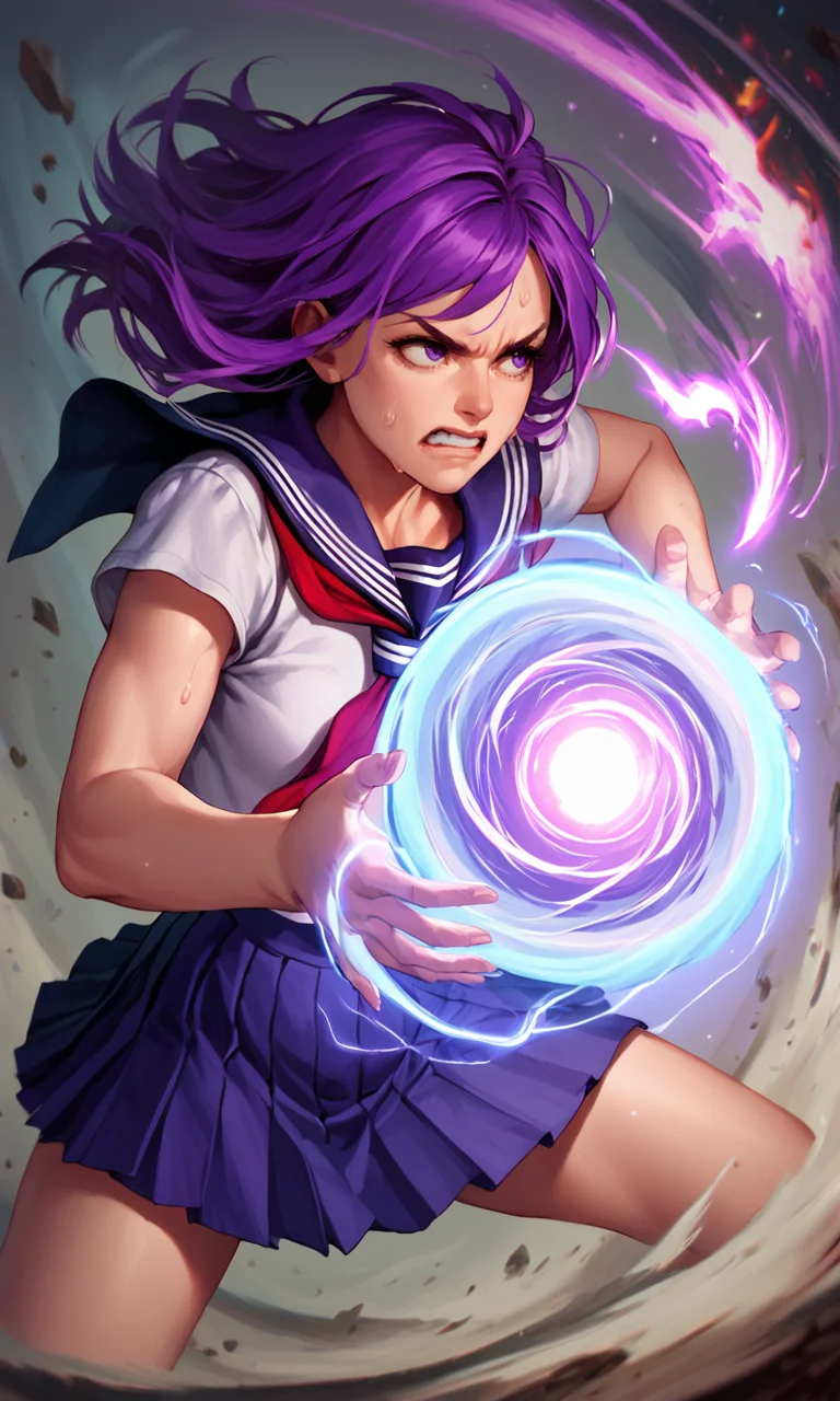 score_9_up, score_8_up, score_7_up BREAK, <lora:Hadouken:1> <lora:Balak_Style:0.7> Hadouken, kikoken, ((long purple hair)), fireball, energy ball, charging, woman, sweating, martial arts, school uniform, clenched teeth, fighting, energy, shockwave, colorful, action shot