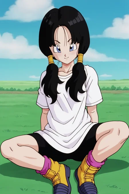 source_anime, score_9, score_8_up, score_7_up, anime screencap,
official style, anime coloring,
videl, low twintails, black hair, hair tubes, blue eyes,
long white shirt, sitting, two tone footwear, yellow boots, purple loose socks, bike shorts,
outdoors, grass, looking at viewer,
<lora:videlSatan_pony_v1:0.8>