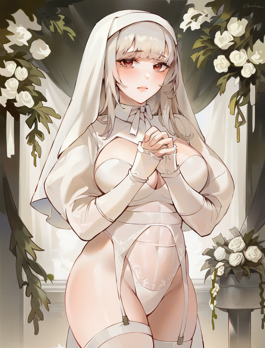 score_9, score_8_up, score_7_up,
1girl, large breasts, red eyes, original, white flower, bridal veil, looking at viewer, white hair, thighhighs, covered navel, highleg leotard, cleavage, nun, white leotard, bangs, shrug (clothing), eyebrows visible through hair, white rose, long sleeves, garter straps, hands up, own hands together, blush, cross, plant, garter belt, long hair, closed mouth, cowboy shot, praying, thighs, standing
 <lora:ChowbieV1:1>