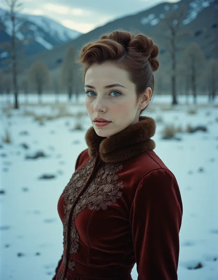 a cinematic bust portrait of a beautiful woman from left head and chest only,Quiff haircut,split-color hair,dressed in a Victorian-inspired velvet gown with lace insets and a high collar,within a frozen wasteland,,Ilford XP2 400,Starlight,<lora:Pro-skin_epoch_10:1>