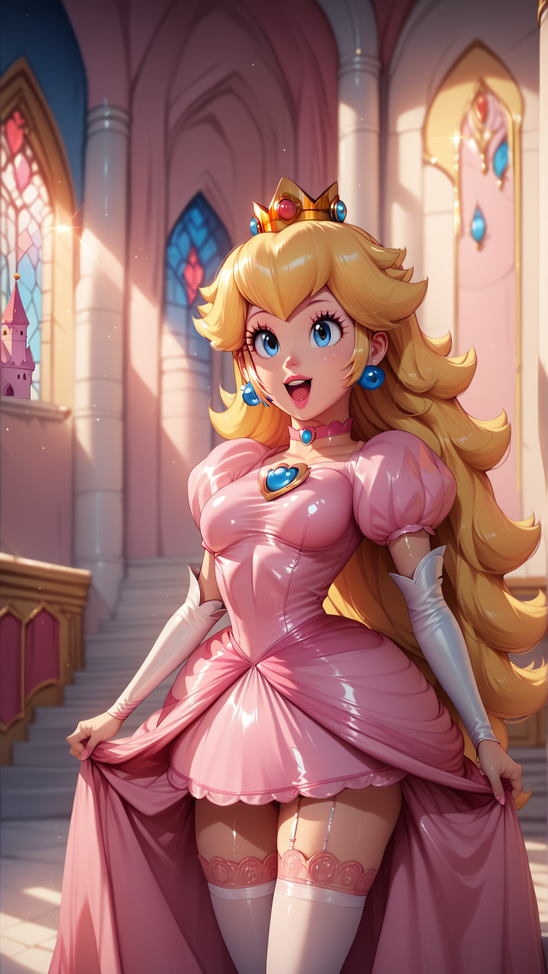 score_4_up,score_5_up,score_6_up,score_7_up,score_8_up,score_9 BREAK <lora:Princess_Peach_Shiny_Style_V4.0_Pony:0.7>,princess peach,1girl,solo,jewelry,earrings,long hair,breasts,very long hair,big hair,choker,dress,medium breasts,open mouth,:d,smile,shiny,shiny skin,puffy sleeves,facing viewer,upper teeth only,indoors,castle,cowboy shot,short skirt,thighhighs,rating_safe,