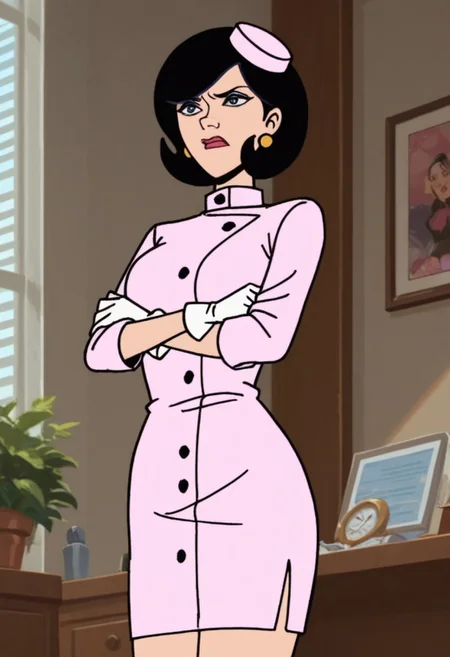 Score_9_up, score_8_up, score_7_up, BREAK, Expressiveh, solo, 1girl, drmrsmon, black hair, earrings, pink dress, pink hat, white gloves, arms crossed, office