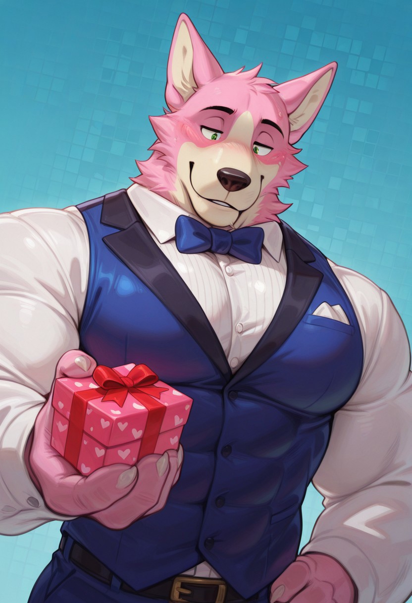 score_9, score_8_up, score_7_up, score_6_up, uncensored, masterpiece, best quality , furry, anthro, blush, blue , muscular male, boltund (pink fur), pink ears, short hair, abs, hunk, bara, large pectorals, thick pecs, tuxedo vest, fully clothed, male, upper body,  dutch angle, male focus, solo, holding out gift candy with one hand, detailed body, detailed background, perfect hands, perfect anatomy, high quality, valentine's day background