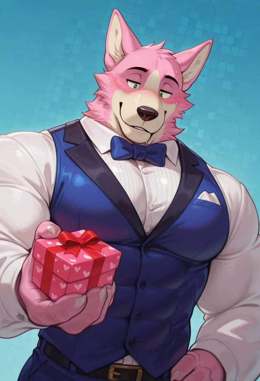 score_9, score_8_up, score_7_up, score_6_up, uncensored, masterpiece, best quality , furry, anthro, blush, blue , muscular male, boltund (pink fur), pink ears, short hair, abs, hunk, bara, large pectorals, thick pecs, tuxedo vest, fully clothed, male, upper body, dutch angle, male focus, solo, holding out gift candy with one hand, detailed body, detailed background, perfect hands, perfect anatomy, high quality, valentine's day background
