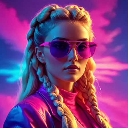 A cinematic 80s synthwave scene. A portrait of a beautiful blonde woman with sunglasses. A single braid and long hair. A neon sunset in blue, pink, and purple hues sets the vibrant backdrop. The detailed 3D render captures sleek design, dramatic lighting, and bold electric colors, evoking a surreal, vaporwave vibe. (CXP Style: 1.5), warm light style, smirk