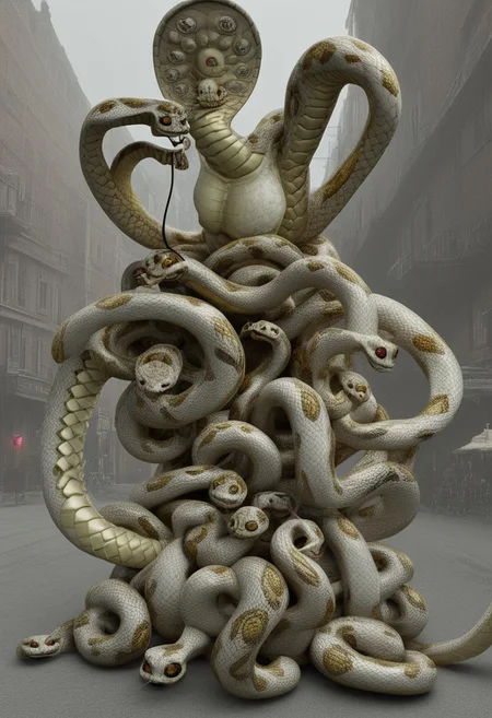 a snake_hybrid clock made out of snakes sitting in the middle of a street, 3d rendered steampunk snakes, snakes everywhere, muscular eldritch clockwork, cyberpunk snake_hybrid, clocksn4ke, robot snake_hybrid, steampunk snakes automaton, high quality steampunk art, clockwork steampunk, skelleton, clockwork mechanical, titanium skeleton made out of snakes, tall skeletal figure, clockwork automaton, clockwork horror, mechanical clock, inter dimensional clockwork, 4 k human detailed!!!