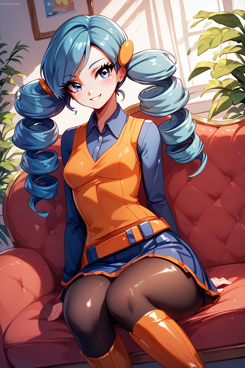 score_9, score_8_up, score_8, medium breasts, (curvy), cute, eyelashes,       ,,, , ,,, zzABW, blue hair, blue eyes, drill hair, orange vest, belt, skirt, black pantyhose, knee boots, scrunchie,  <lora:AceTrainerBW_Pokemon_PDXL:0.8>,  ,,,, BREAK, ,,, smile, looking at viewer, blush, blurry, couch, sitting, ,,, shiny skin, <lora:ProAnime_PDXL_v1:0.7>, ,,, embedding:zPDXL, Expressiveh, <lora:SDXLFaeTastic2400:0.5>, <lora:Expressive_H-000001:0.4>,