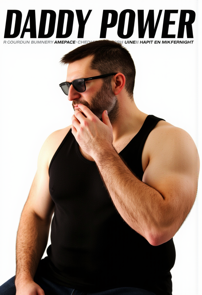 Magazine cover style, close-up facial shot of a 30-year-old man named ThomLDR. He has a robust build with broad shoulders, thick arms, thick thighs, and large pectorals, complemented by short dark hair and a short dark beard. ThomLDR is wearing a black sleeveless tank top and sunglasses, looking to the side with one hand casually adjusting his sunglasses frame, a sly, confident smirk playing on his lips. The background is pure white, featuring the text 'DADDY POWER' in a large, modern, bold, black sans-serif font.<lora:Thom_from_Love_Death_Robots_v1.0:1>