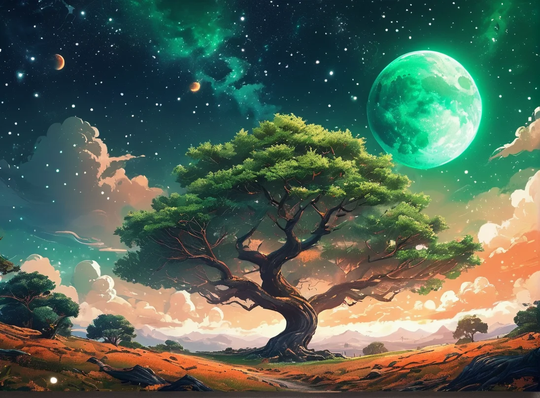 masterpiece,8k,high resolution,
<lora:space_backround-XL-7:0.6>,
space_backround,
scenery, cloud, sky, tree, star (sky),green and orange theme,no human