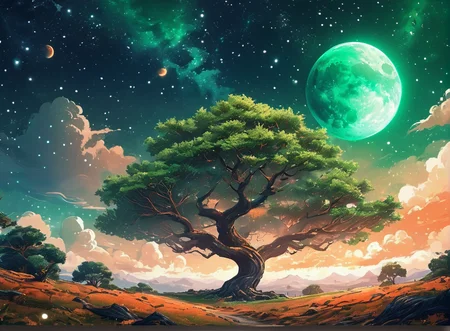masterpiece,8k,high resolution,
 <lora:space_backround-XL-7:0.6>,
space_backround,
scenery,  cloud, sky, tree, star (sky),green and orange theme,no human
