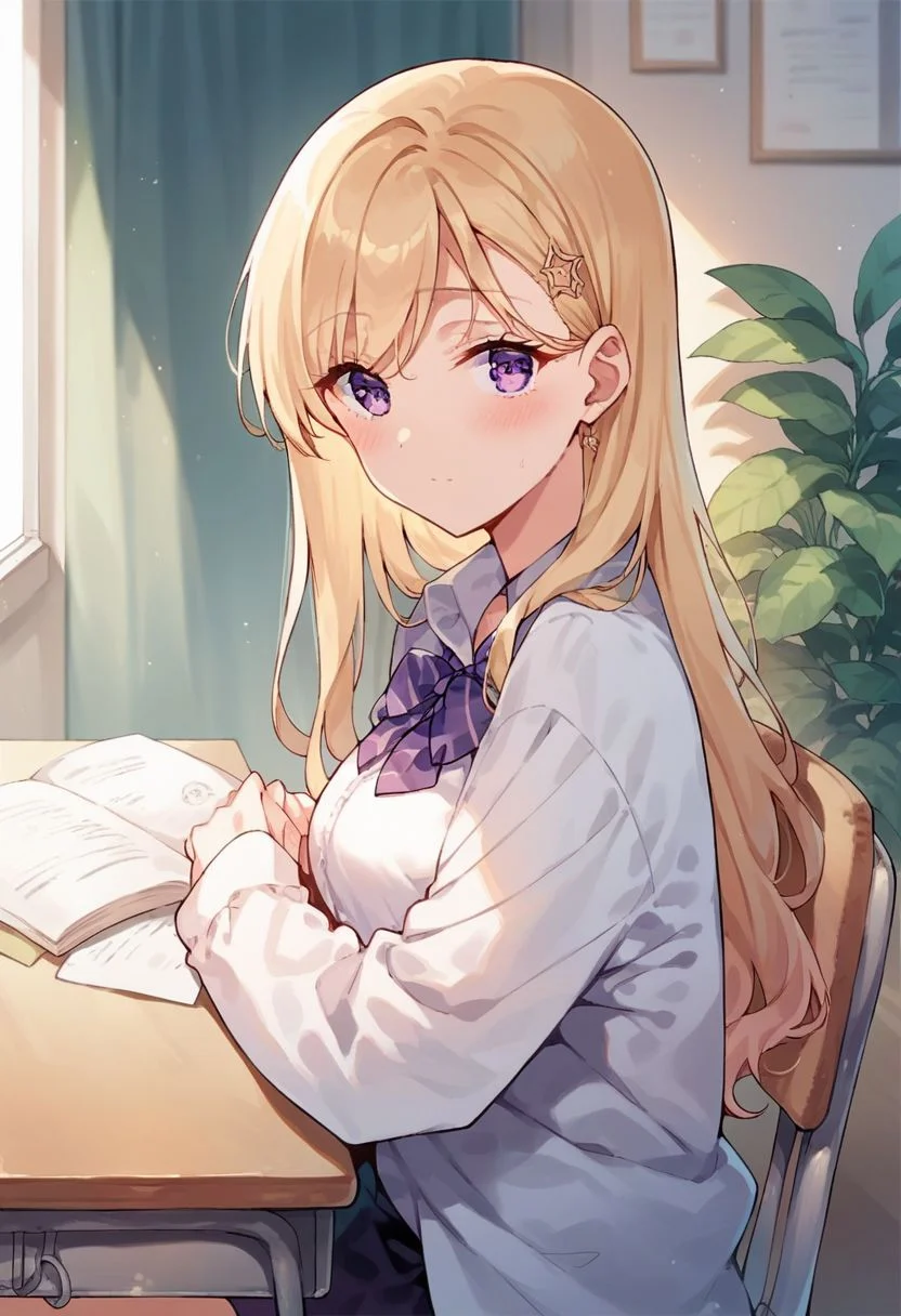 score_9, score_8_up, score_7_up, score_6_up, score_5_up, score_4_up,ayase saki, 1girl, solo, blonde hair, purple eyes, hair ornament, blush, long hair, shirt, looking at viewer, indoors, desk, chair