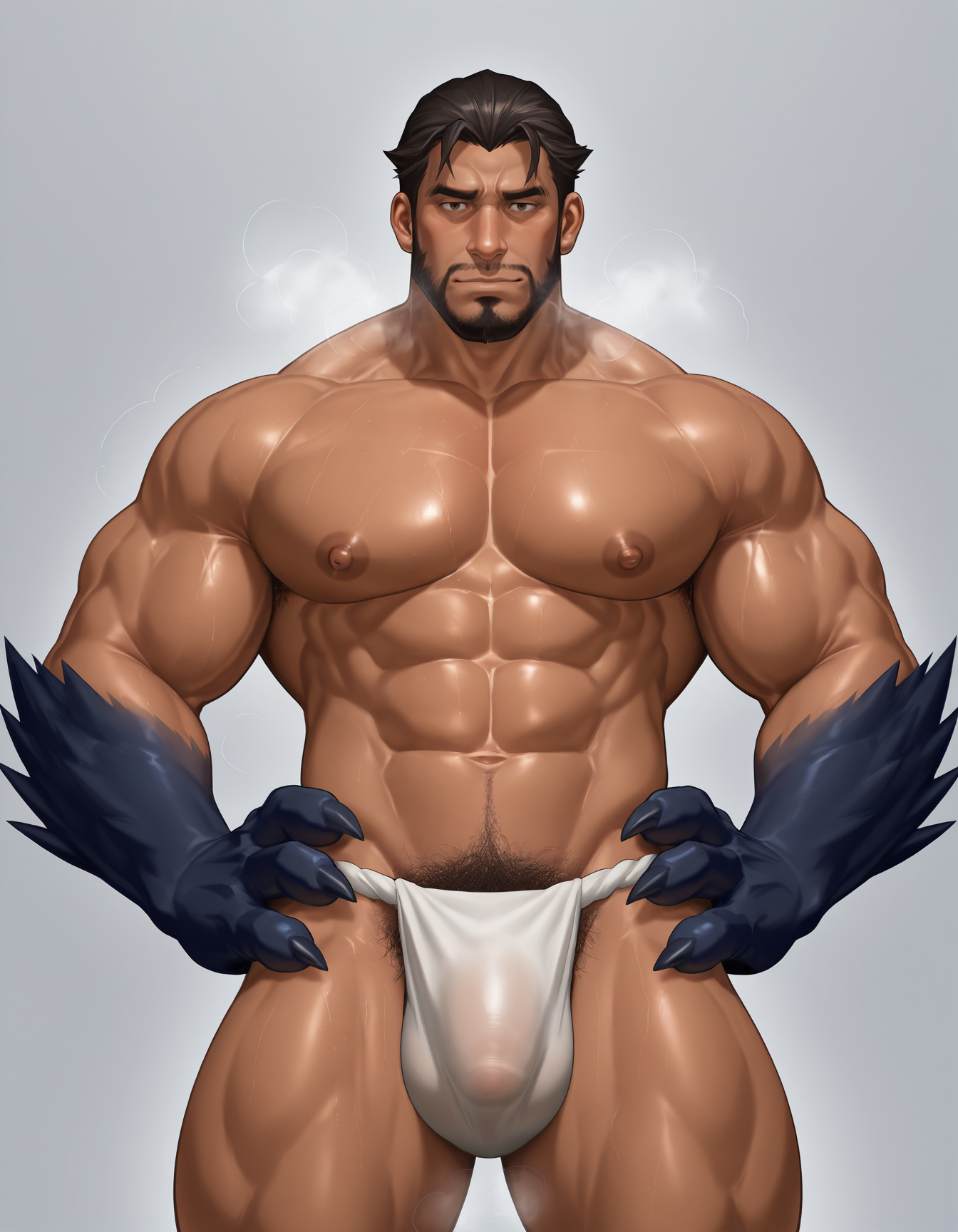 male,manly,solo,adult,mature male,facial hair,muscular,steaming body,standing,looking at viewer,claws,fundoshi,hand on own hip,pubic hair,(detailed eyes:1.2, detailed face, nice eyes),facing viewer,masterpiece,best quality,high resolution,ultra-detailed,dark-skinned male,<lora:0takas:1>,