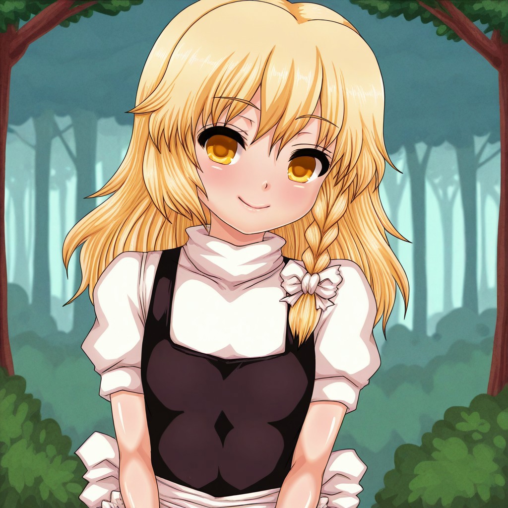 pixelated, pixel_art, n \(dai n honpo\), masterpiece, best quality, BREAK, 1girl, solo, krisame_marisa, smile, facing_viewer, looking_at_viewer, flat_chest, clothed_female, blurry_background, forest,
