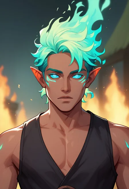 (((beautiful, high quality))), upper body, score_9, score_8_up, score_7_up, solo,
looks at the viewer,
FireGenasi, fire hair, colored sclera, dark skin, pointed ears, 1boy, male focus, green fire hair, blue eyes, black shirt, plunging neckline,
outdoor, fantasy background, nature, blurred background,