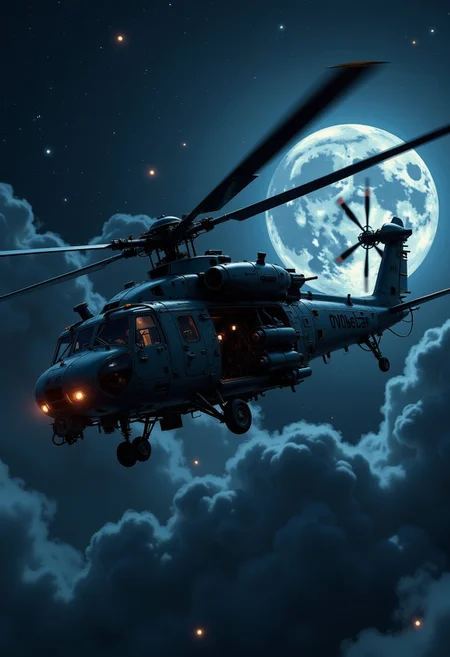 in the style of ck-mgs, A digital artwork in the style of cknc, a_skynet_cyberdyne_craft, the image is featuring an enormous military transport helicopter flying on a moonless dark night, silhouetted, chiascuro, black background, stars, nebula. The fuselage is painted in camouflage blue and black, and the cockpit shows glowing led lights, dutch angle, the image slanted diagonally, motion blur