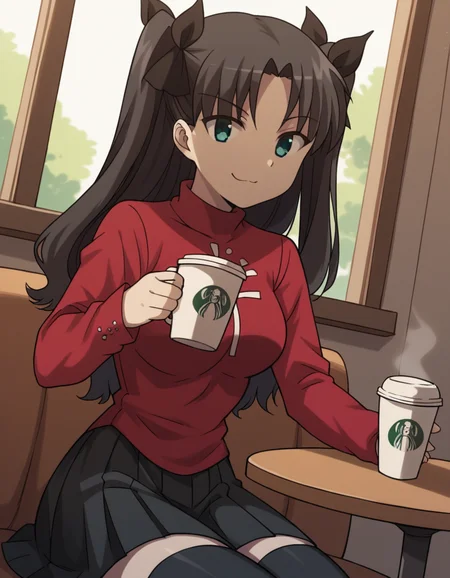 score_9, score_8_up, score_7_up, source_anime, <lora:carnivalphantasm-rin-tohsaka-ova-ponyxl-lora-nochekaiser:1>, rin tohsaka, aqua eyes, black hair, hair ribbon, long hair, ribbon, sidelocks, two side up, parted bangs, medium breasts,, black skirt, black thighhighs, long sleeves, miniskirt, pleated skirt, red sweater, skirt, sweater, thighhighs, turtleneck,, cafe, coffee cup, barista, sitting down, talking, relaxing, sunlight through window, , , smug, solo,, dutch angle, cowboy shot
