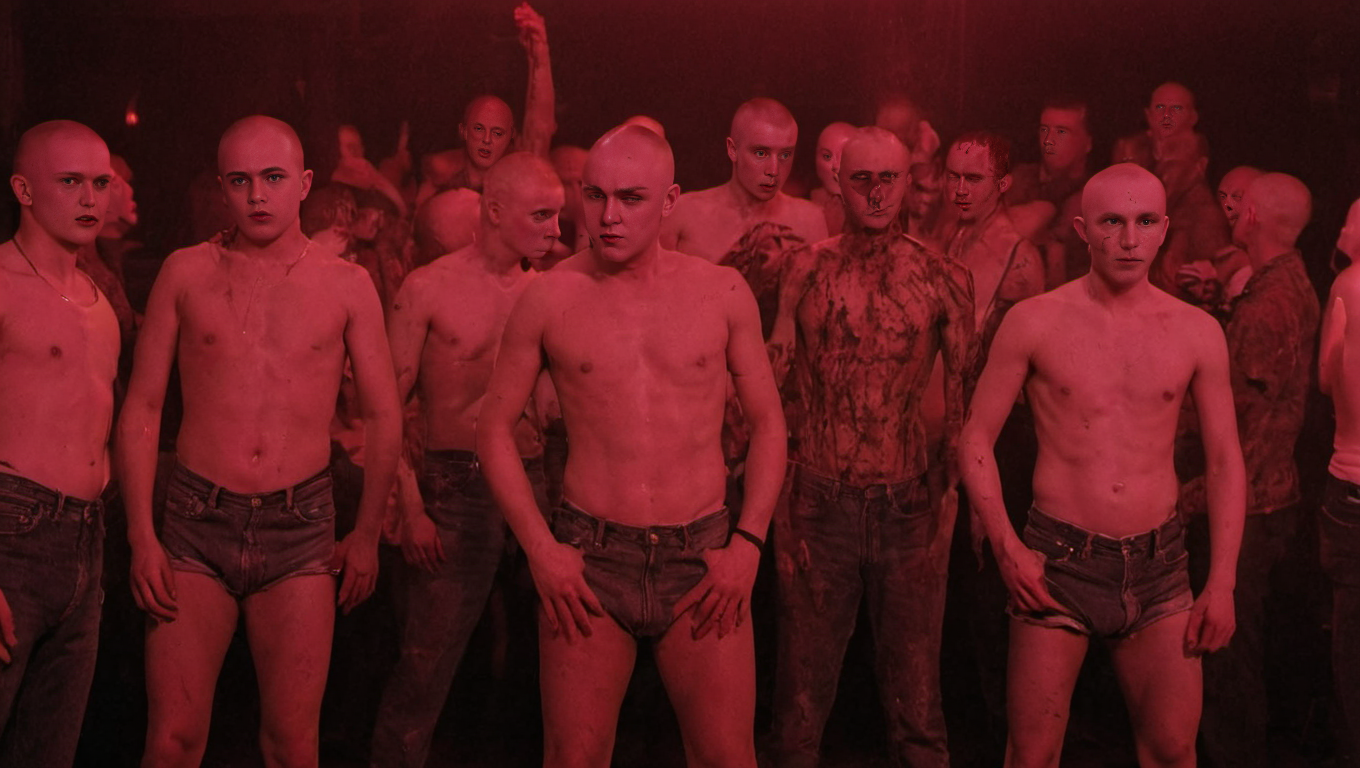 <lora:Roger_Deakins_Cinematography:1>, Skinheads, strip club,, movie still, Horror Genre