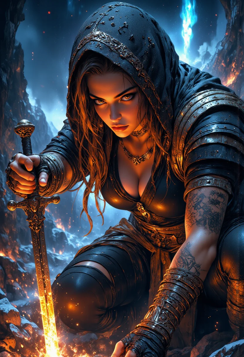 high quality, ultra detailed, colorful, abstract, fantasy, aidmaMJ6.1, a highly detailed, hyper-realistic digital painting,
1girl, beautiful eyes, looking at viewer, tough girl, tan skin, strong face, solo, toned arms, Covered in Tattoos, tattoo, neck tattoos, orange eyes, necklace, assassins robes, tight pants, ripped pants, holes ripped in pants, hooded, dark braided viking hair, large breasts, thick ass, large ass, choker, fingerless gloves, blade, sword, bent over, bending over, small camp, campfire, Viking theme, Nordic theme, assassins creed theme, elden ring, Looking down at viewer, Looking down, holding out a sword towards viewer, foreshortening, pointing her sword at the viewer, seducing, seductive, flirty, tender, loving, playful, cocky, annoyed, confused, on a mountain, snowing, Cloudy Sky, at night, nighttime, aurora in the sky, From below:1.1, view from below:1.1 Bent over the viewer,