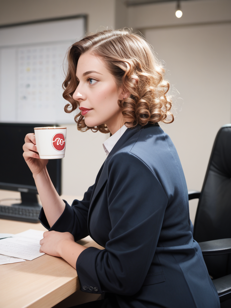 photo 1 woman portrait, (cofee cup:1.3), sitting, curly,  sideview, office setting  bpe-pro  pny-safe