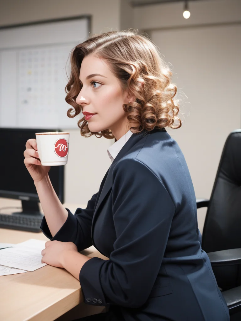 photo 1 woman portrait, (cofee cup:1.3), sitting, curly, sideview, office setting bpe-pro pny-safe