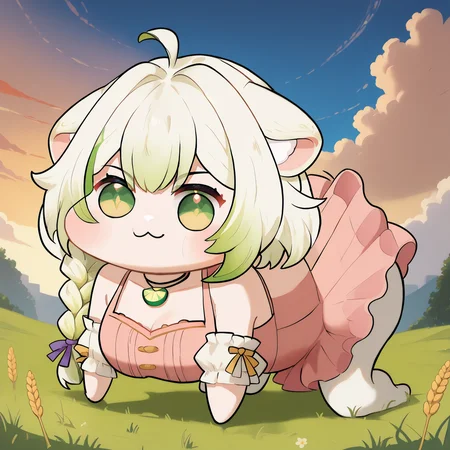 score_9, score_8_up, score_7_up, BREAK 1girl, solo, LaimuVT, green eyes, animal ears, tail, multicolored hair, medium hair, single braid, breasts, <lora:LaimuPDXL_V1-Manityro-CAME:1.0>, outdoors, wheat field, sunset,
<lora:Doro_X_PDXL_V1:1.2>, doro, creature, :3, chibi, no humans, four legs, solid circle eyes, no pupils, all fours, side view,
choker, necklace, pink dress,