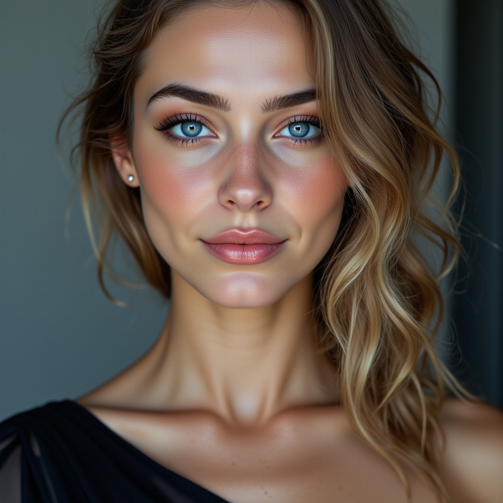 A stunning FACE CLOSE UP portrait of a WOMAN , BLUE EYES, wearing an elegant couture gown, aidmaimageupgrader