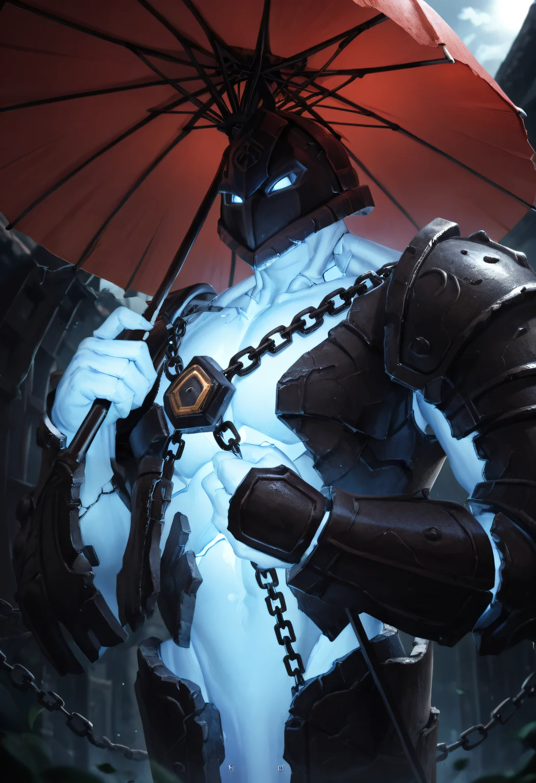 score_9, score_8_up, score_7_up, score_6_up, score_5_up, score_4_up, BREAK, xerathpdxl, solo, (helmet:0.7), chain, glowing, 1boy, armor, robot, looking at viewer, upper body, looking down, glowing, blue body, <lora:Xerath:0.7>, outside, japanese city, holding, parasol, holding umbrella, blue sky, sunny, god rays