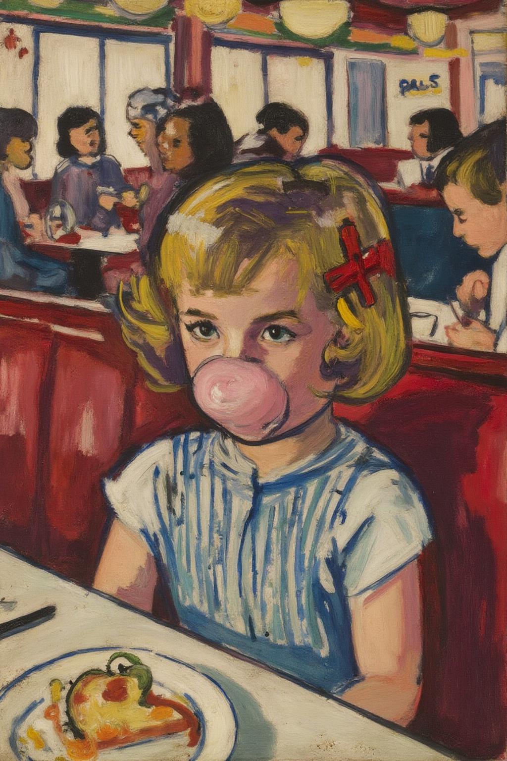 henrylymansayen1 painting.
Close up of a young girl who's face is covered in pink bubble gum, sitting on the right in a diner in 1953. She has should length hair held with red banana clip. The diner has red booths and is full of people lauging and eating.
 <lora:henrylymansayen1_cap_d6a3:1.0><lora:861474232578620958:0>