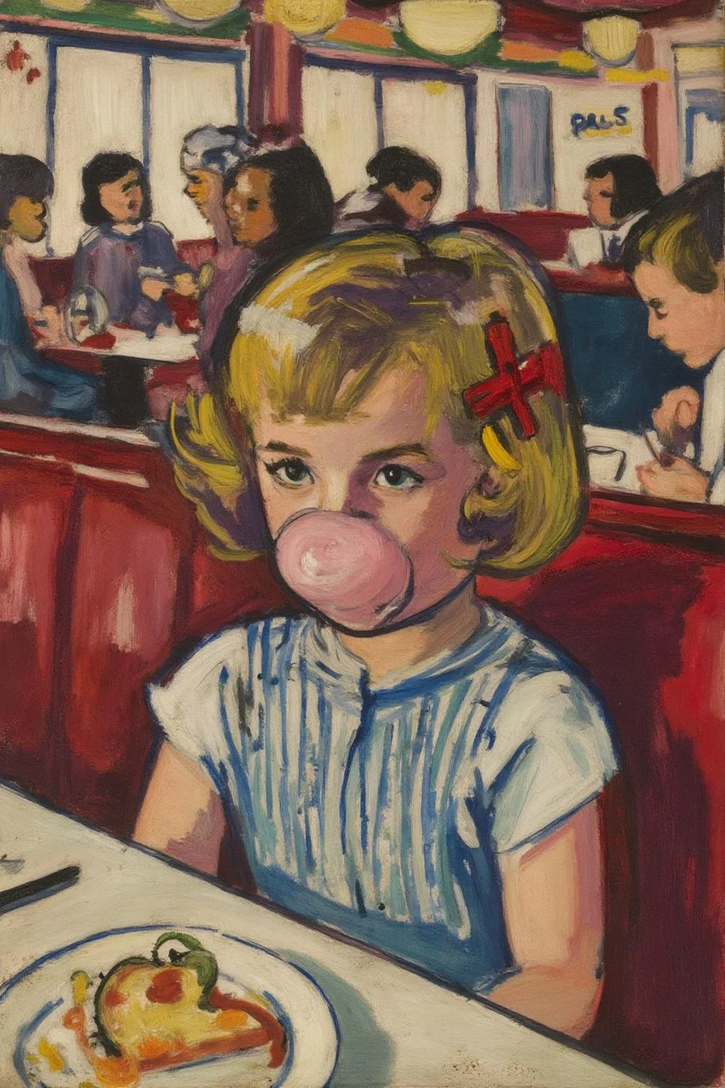 henrylymansayen1 painting.
Close up of a young girl who's face is covered in pink bubble gum, sitting on the right in a diner in 1953. She has should length hair held with red banana clip. The diner has red booths and is full of people lauging and eating.
<lora:henrylymansayen1_cap_d6a3:1.0><lora:861474232578620958:0>