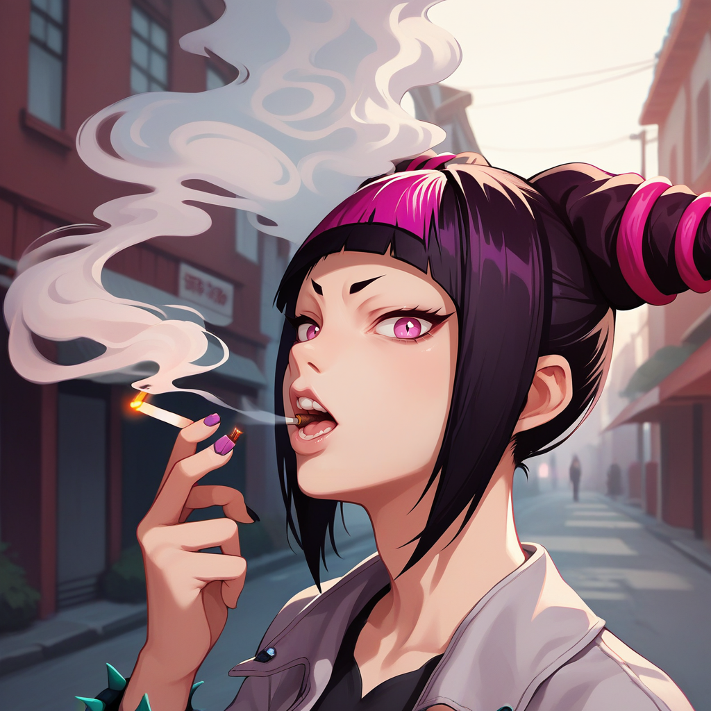score_9, score_8_up, score_7_up, score_6_up, score_5_up, score_4_up, source_anime,rating_questionable, solo, outdoors,cowboy shot, looking at viewer, juri han, holding cigarette,  <lora:Breathing_Smoke:0.8> smk3br34th, smoke, open mouth, blowing smoke,